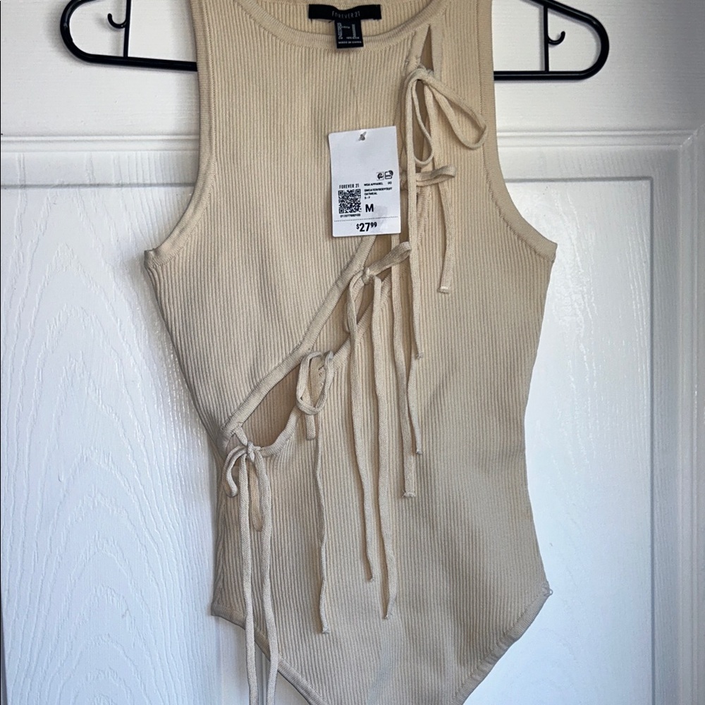 Forever 21 Cream Ribbed Tie-Front Sleeveless Bodysuit